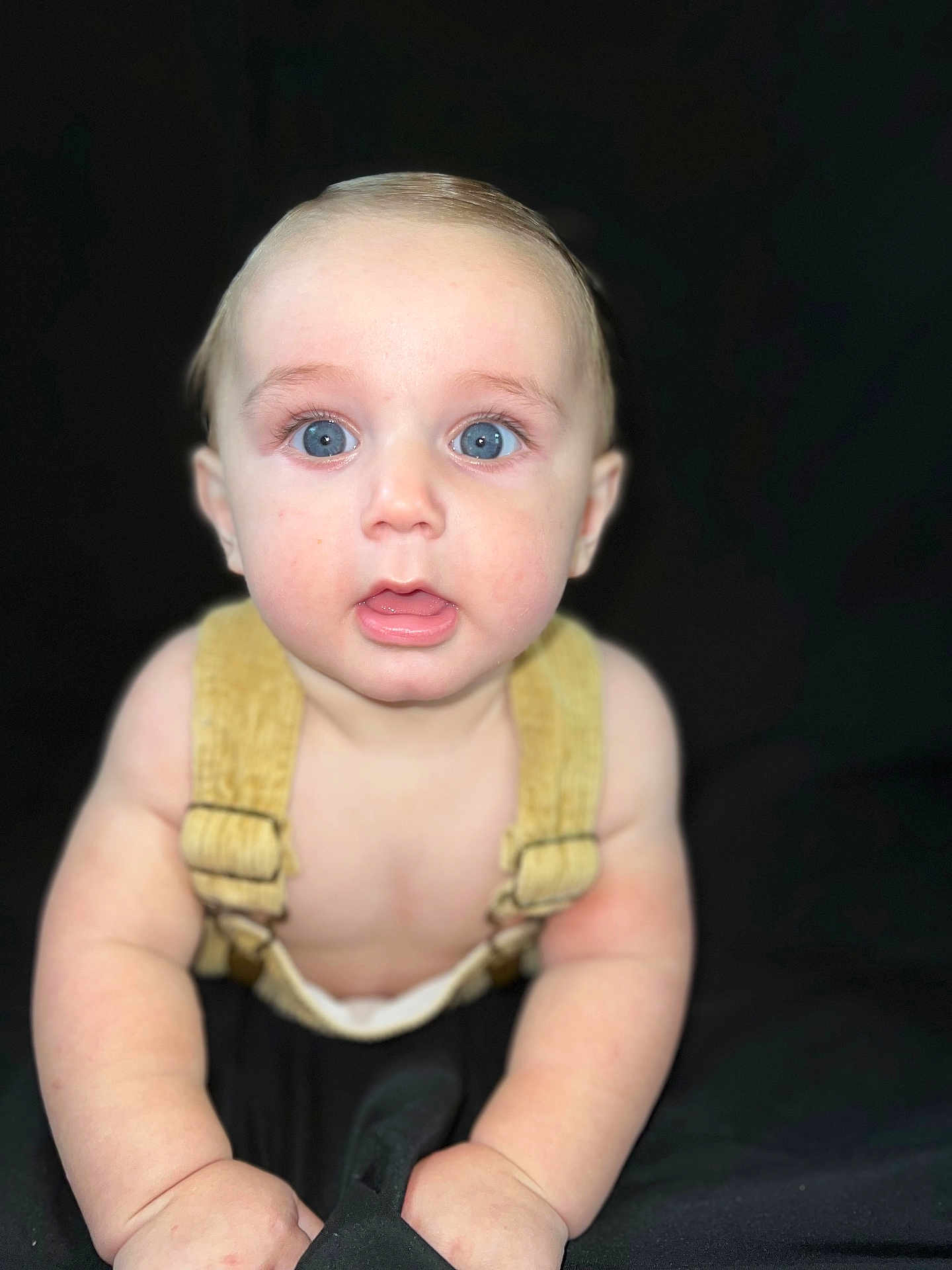 Greyson joined the competition — help win amazing prizes! baby, infant, blue_eyes, face, skin, hands, yellow_suspender, curious_expression, close_up, portrait, child, young, crawling, looking_at_camera, human, indoor, cute, adorable, soft_skin, young_child