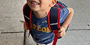 Joshua is registered to the contest to win money with this photo: child, boy, smiling, backpack, sidewalk, concrete, brick_wall, shorts, blue_shirt, black_shoes, red_straps, happy, outdoor, standing, person, casual_clothing, daylight, feet, legs, close_up