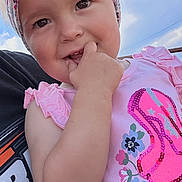 Nova joined the competition — help win amazing prizes! toddler, child, girl, headband, pink_shirt, sequins, flower_pattern, smiling, finger_in_mouth, outdoor, blue_sky, clouds, person, cute, happy, baby, portrait, casual_clothing, summer, family