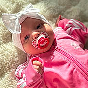 Zeyna participe au concours pour gagner de l'argent avec cette photo : baby, pacifier, headband, pink_clothing, white_bow, blanket, infant, adorable, closeup, face, soft_light, child, cozy, indoor, cute, portrait, young_child, fashion, sleepwear, relaxed