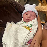 Raiden joined the competition — help win amazing prizes! newborn, baby, infant, wrapped, blanket, hat, cradled, person, hand, indoor, tender, cute, child, sleepy, soft, closeup, family, comfort, young, resting