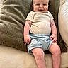 Cole is registered to the contest to win money with this photo: baby, infant, smile, couch, cushion, clothing, shorts, shirt, face, legs, arms, skin, indoors, comfort, seated, happy, child, portrait, home, relaxing