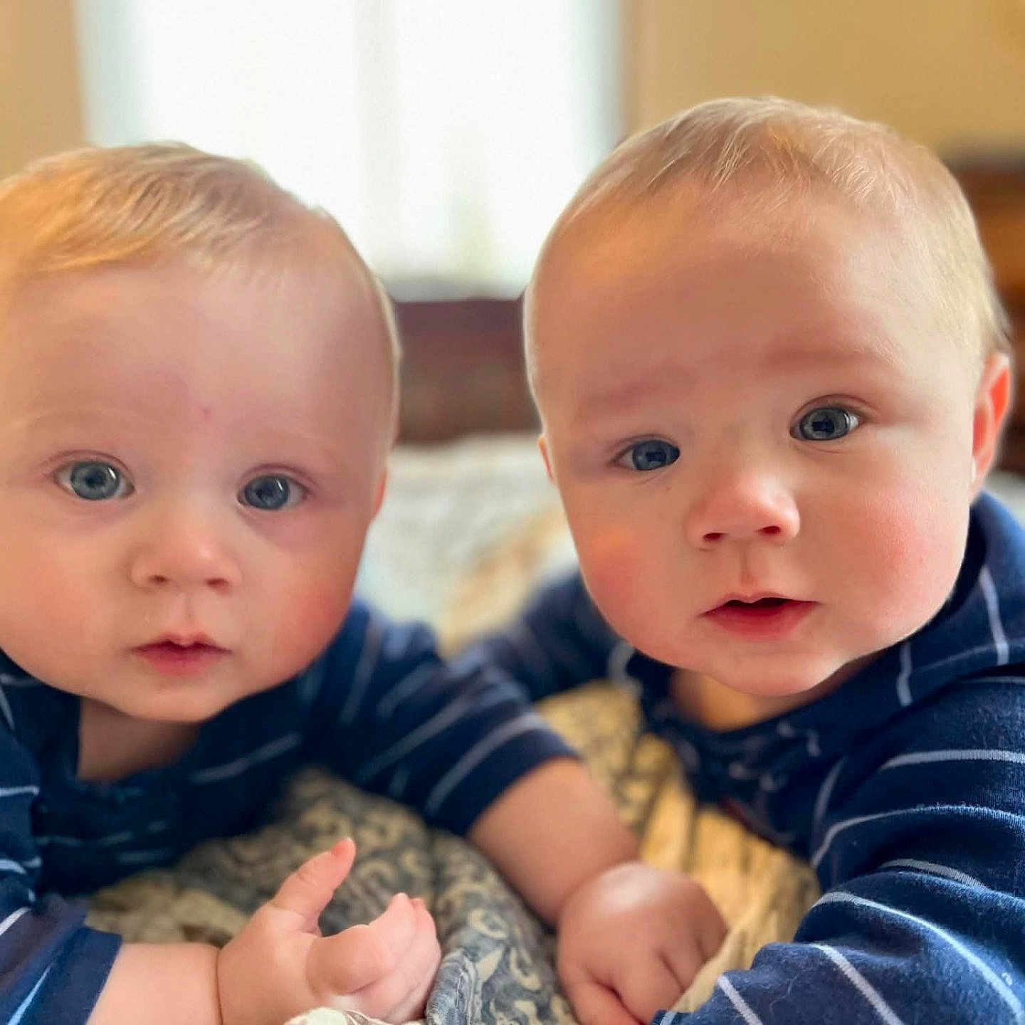 Canyon And Colter joined the competition — help win amazing prizes! baby, bed, blanket, blue_eyes, bokeh, cheeks, closeup, cute, hands, homedecor, indoor, infant, lying_down, person, portrait, skin, smile, soft_light, striped_shirt, twins