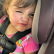 Arya joined the competition — help win amazing prizes! toddler, child, car_seat, harness, striped_shirt, messy_face, funny_expression, hair, indoors, seat, child_safety, colorful_clothing, small_child, portrait, cute, car_interior, seatbelt, young_child, face, sitting