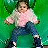 toddler, child, playground, slide, green, jacket, pink, fur, jeans, sneakers, footwear, outdoor, casual, cute, young, person, fun, play, leisure, park