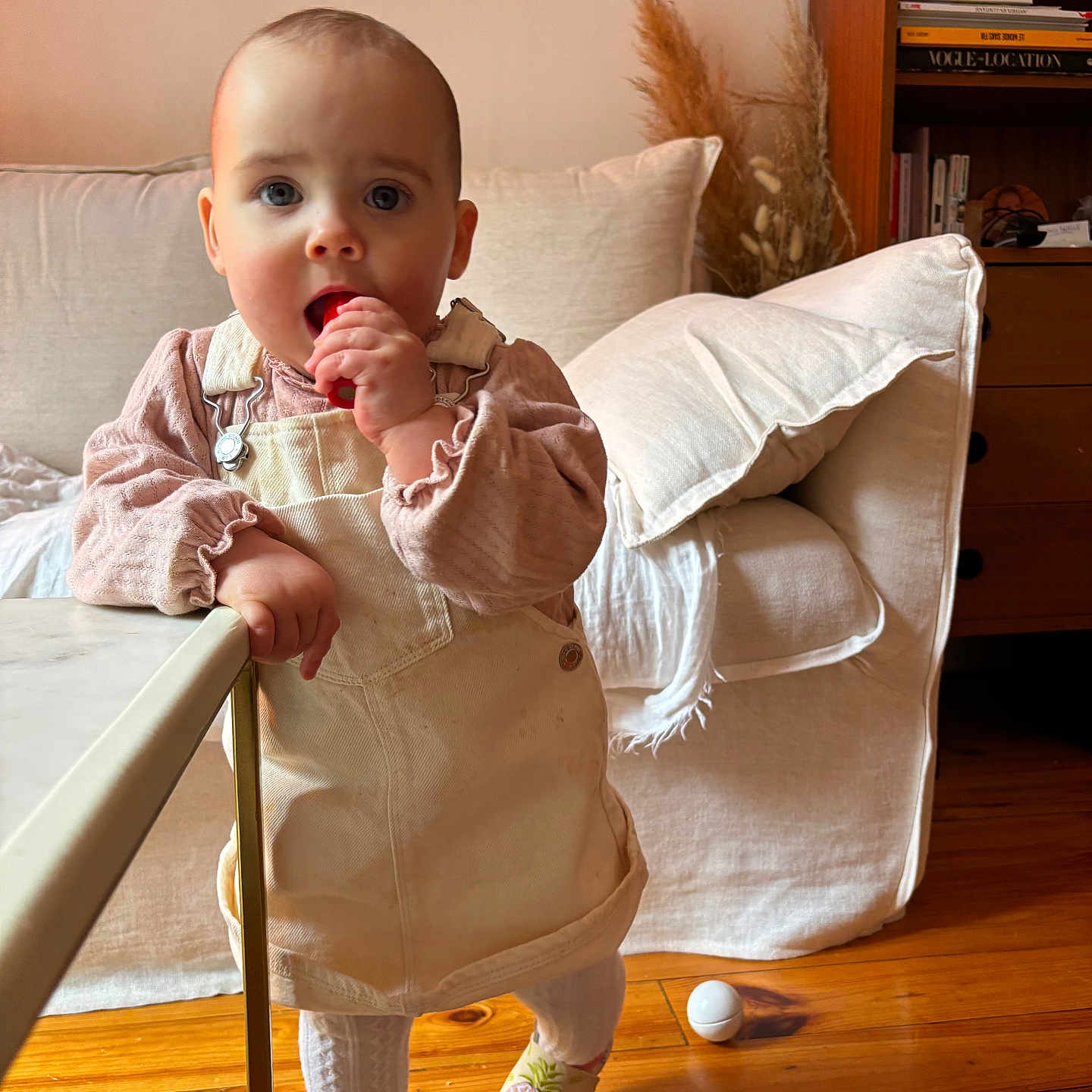 Aéris participe au concours pour gagner de l'argent avec cette photo : baby, ball, books, child, cushion, dress, dried_grass, hand, long_sleeve, overalls, pillow, shelf, shoes, socks, sofa, standing, table, toddler, toy, wooden_floor