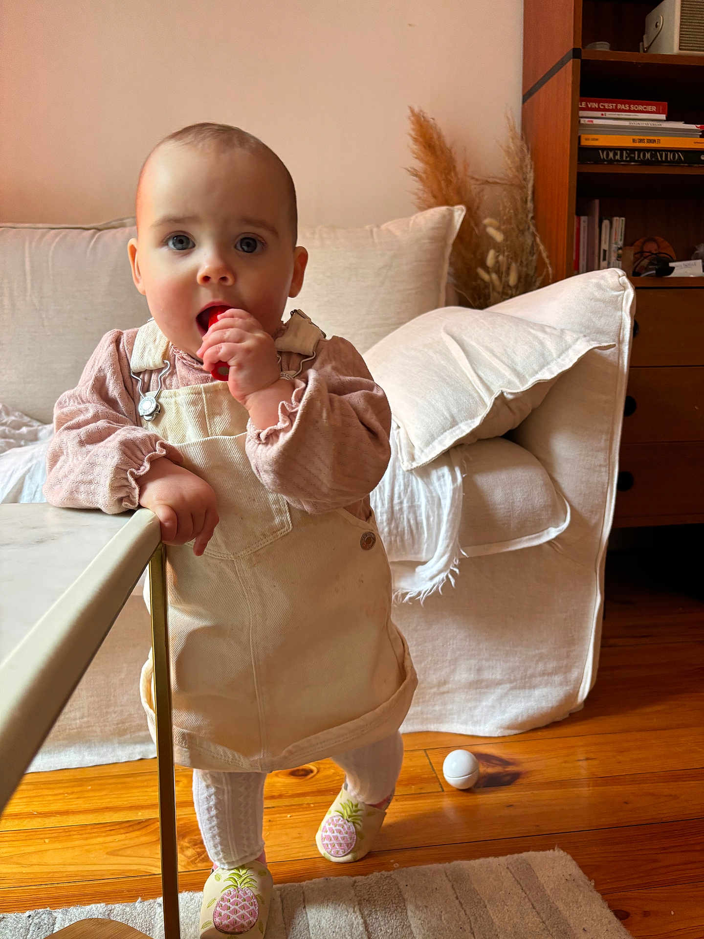 Aéris participe au concours pour gagner de l'argent avec cette photo : baby, child, toddler, standing, sofa, cushion, pillow, wooden_floor, overalls, dress, long_sleeve, shoes, socks, toy, ball, shelf, books, dried_grass, table, hand