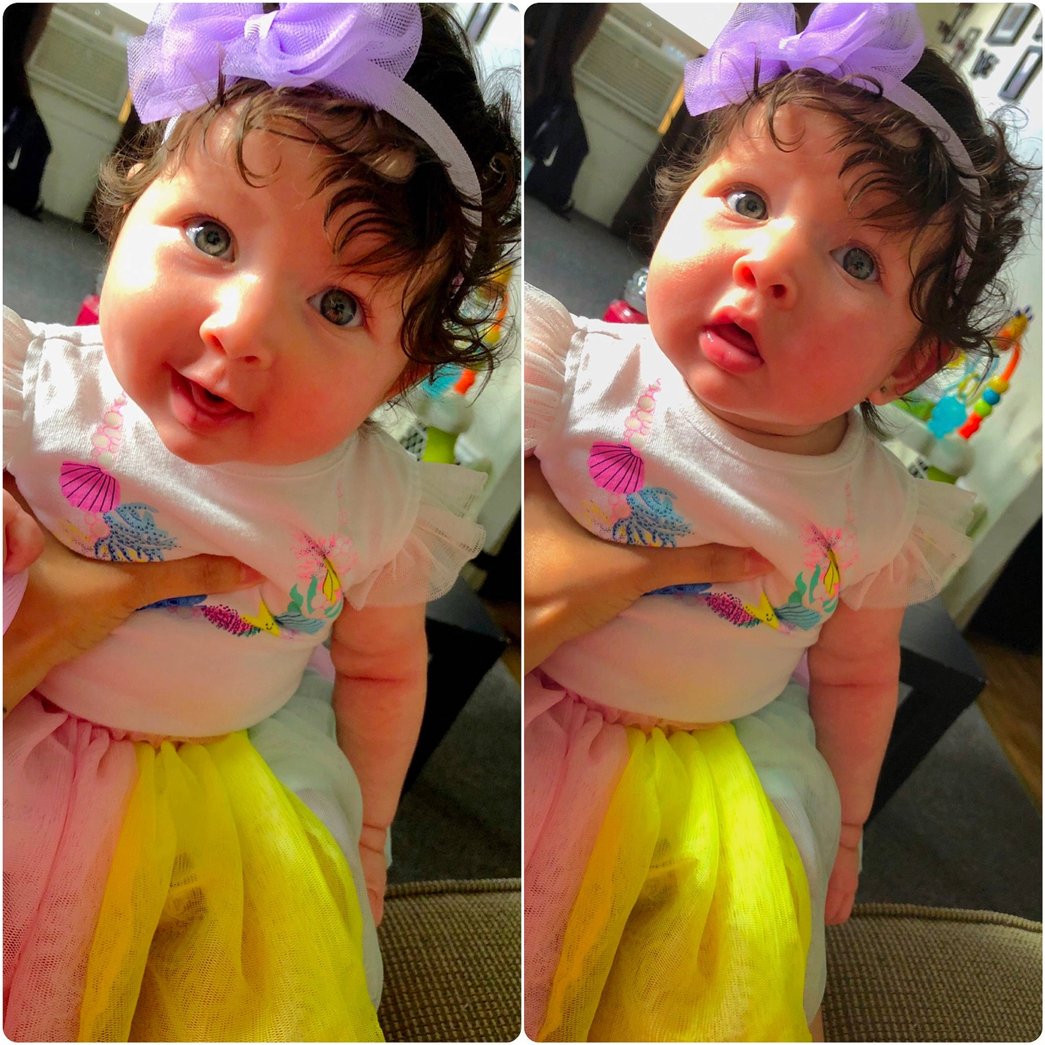 Harper joined the competition — help win amazing prizes! baby, child, costume, dress, ear, fashion_accessory, hair_accessory, happy, headband, headgear, person, pink, smile, toddler, yellow