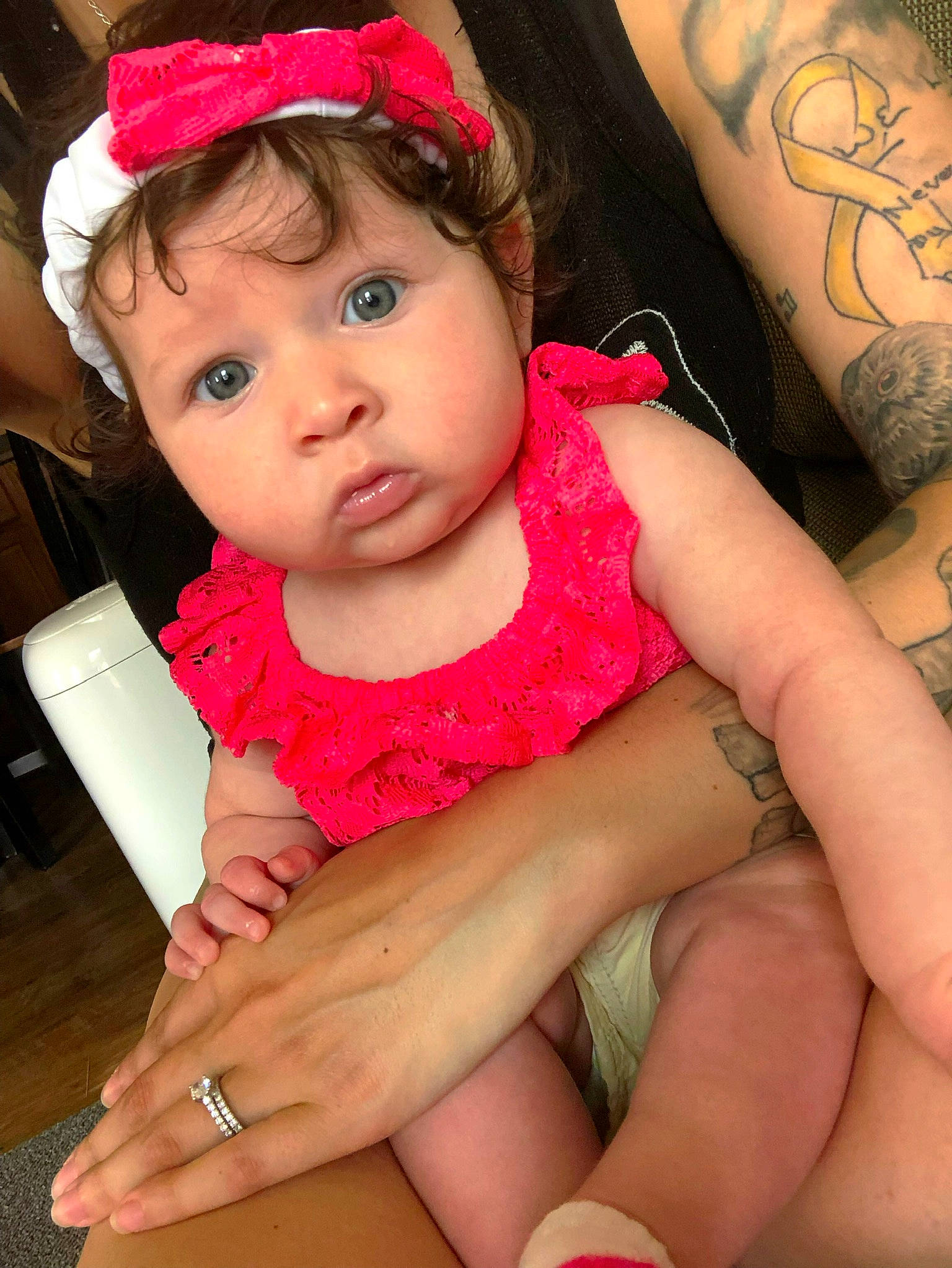Harper joined the competition — help win amazing prizes! arm, baby, cheek, child, child_model, daughter, fashion_accessory, finger, hair_accessory, hand, headband, headgear, human_leg, leg, lip, nail, pattern, person, pink, skin