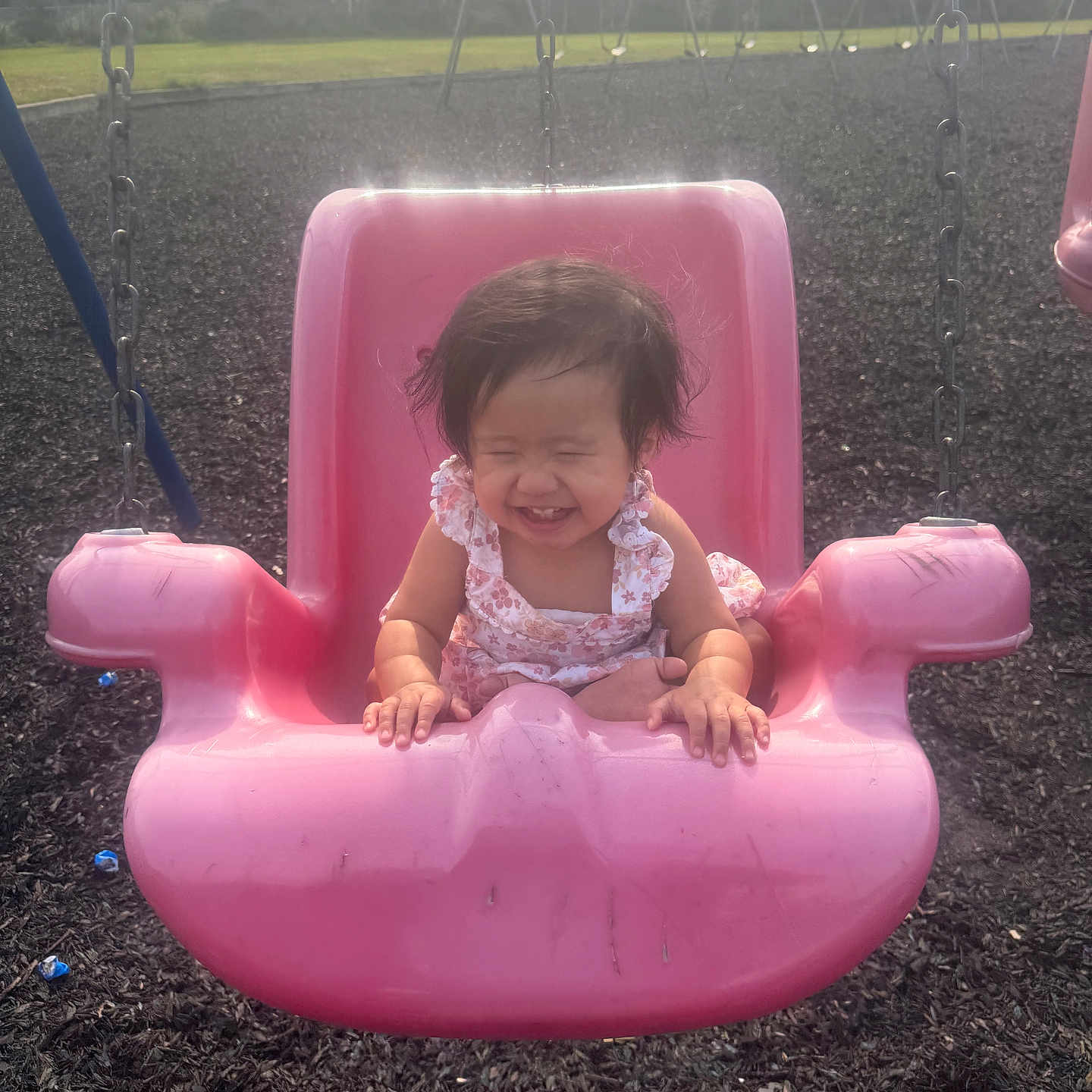 Desiree Gayle is registered to the contest to win money with this photo: toddler, child, swing, playground, pink_swing, smiling, happy, outdoor, sunlight, grass, trees, baby, summer, fun, play, seat, park, cute, person, joy