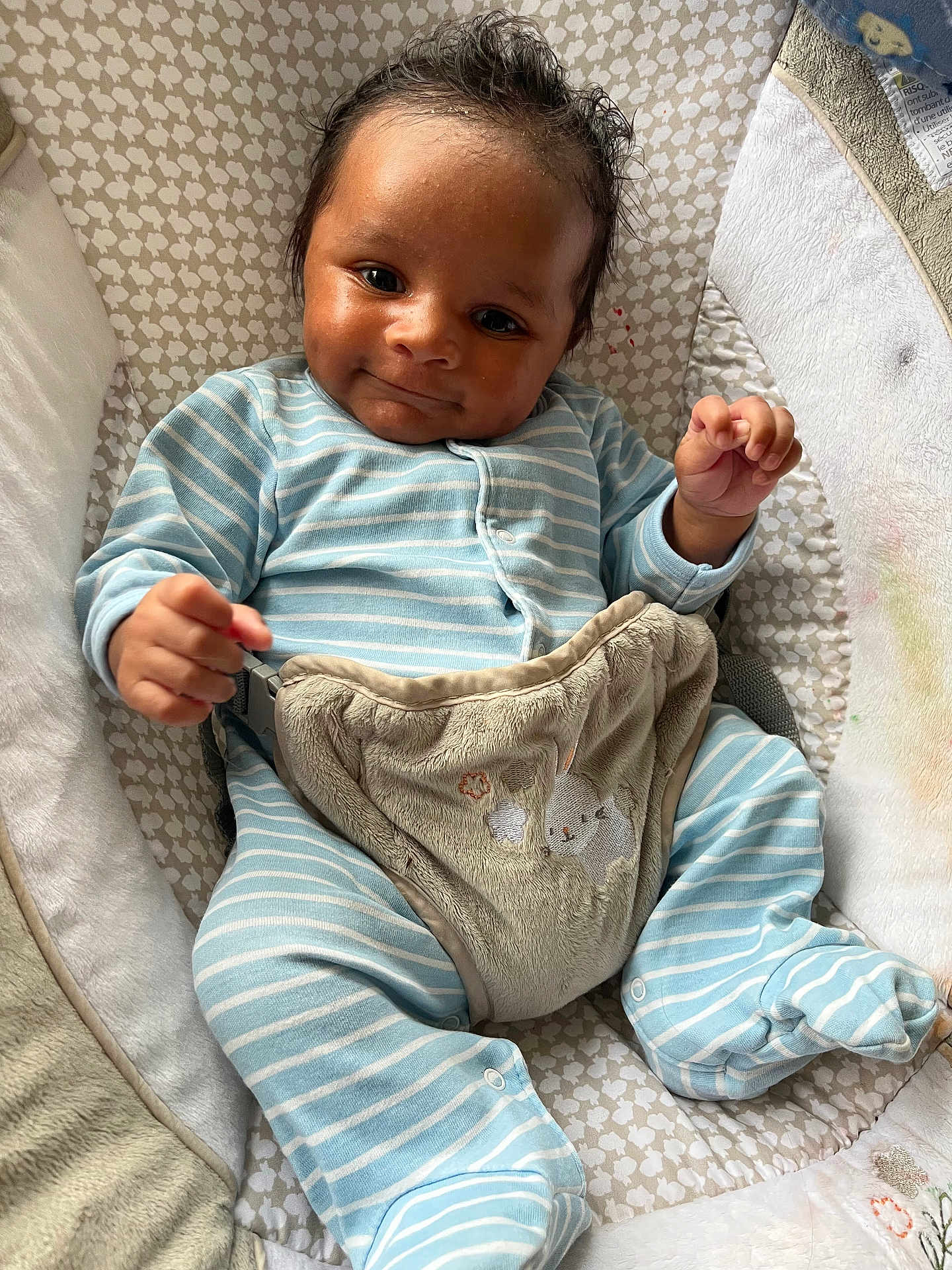 Kingston joined the competition — help win amazing prizes! baby, infant, child, smiling, striped_pajamas, blue_clothing, cushion, soft_toy, indoor, closeup, face, hand, feet, sleepwear, cute, portrait, cozy, seated, fabric, comfort
