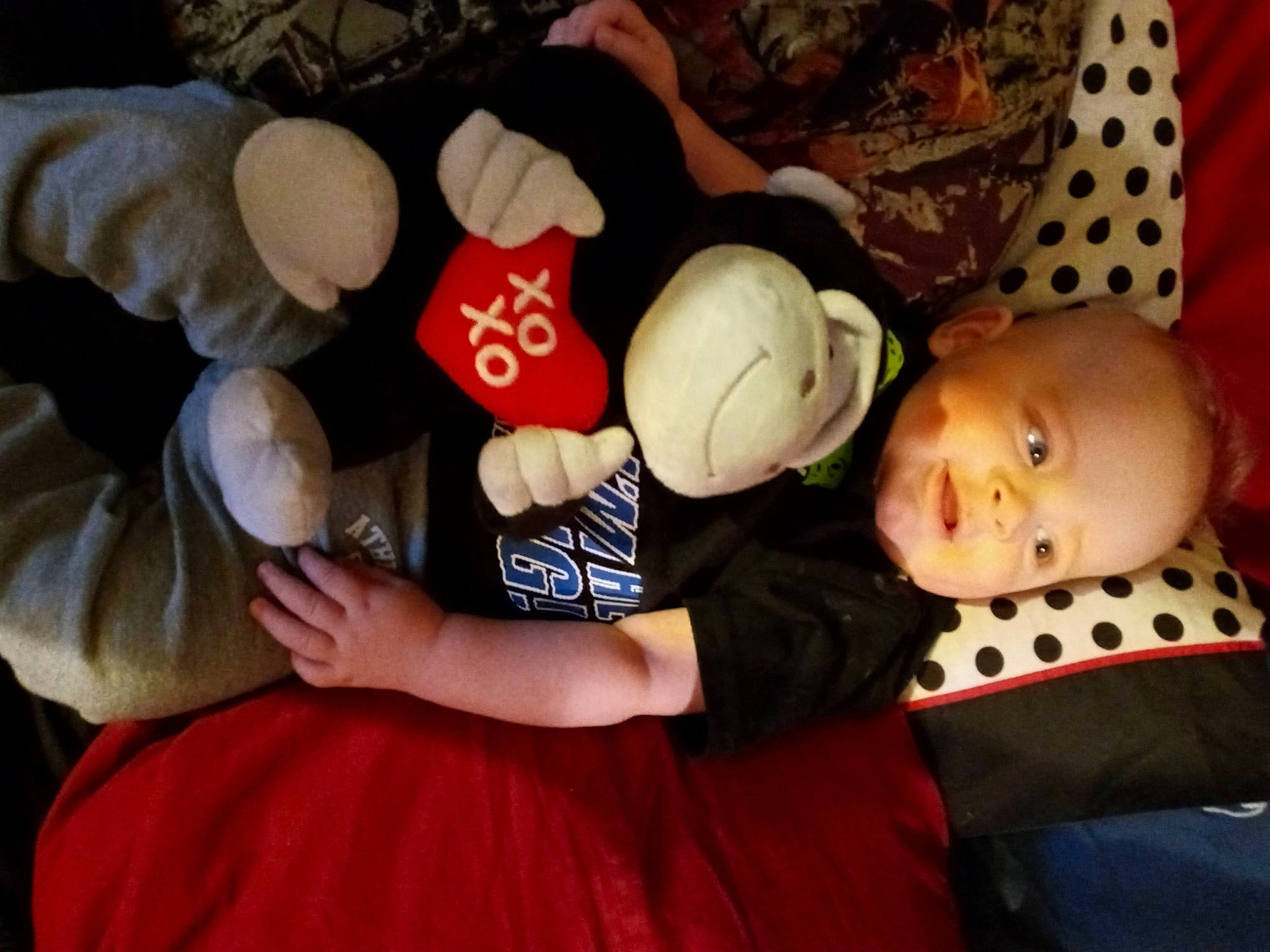 Ryan is registered to the contest to win money with this photo: baby, baby_toddler_clothing, carmine, cheek, child, comfort, event, facial_expression, fun, head, headgear, human_body, lap, pattern, person, plush, room, snapshot, stuffed_toy, toddler
