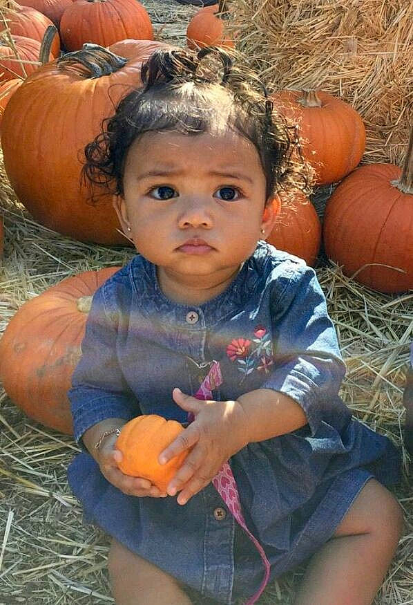 Nayla a rejoint le concours — aidez-le/la à gagner de superbes lots ! ball, calabaza, child, cucurbita, fun, gourd, grass, happy, orange, organ, people, people_in_nature, person, plant, pumpkin, squash, summer, toddler, tree, vegetable