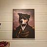 dog, painting, portrait, military_uniform, canvas, wall, art, decor, indoor, animal, historical, costume, funny, expression, black_fur, brown_fur, white_fur, eyes, shoulders, background