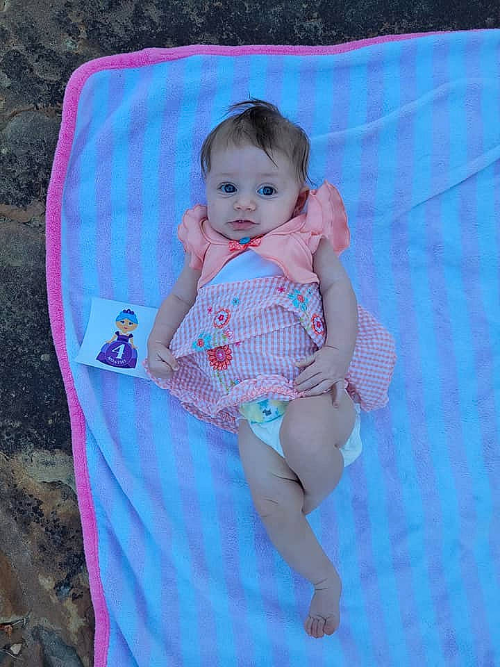 Sierrah joined the competition — help win amazing prizes! azure, baby, baby_toddler_clothing, barefoot, child, comfort, electric_blue, eye, foot, head, human_body, human_leg, knee, pattern, person, pink, sitting, sleeve, textile, thigh