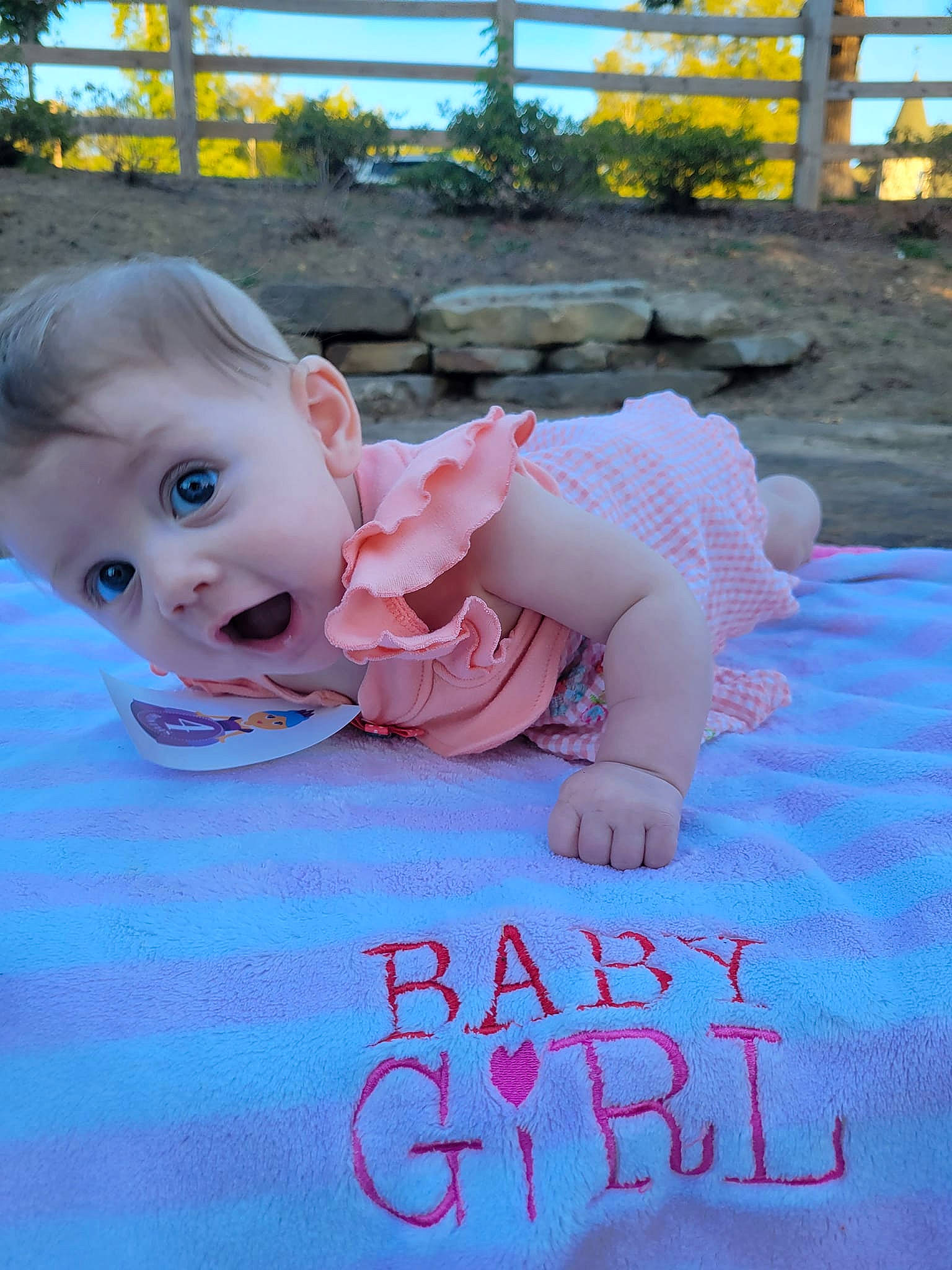 Sierrah joined the competition — help win amazing prizes! baby, baby_toddler_clothing, cheek, child, dress, fun, grass, happy, leisure, magenta, pattern, person, pink, portrait_photography, recreation, sitting, skin, sky, surprise, t_shirt