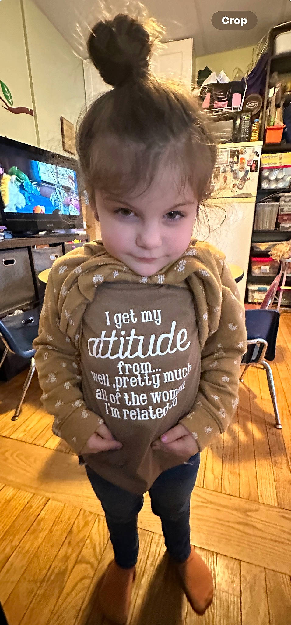 Luna joined the competition — help win amazing prizes! brown_hair, chair, child, fashion_accessory, flooring, fun, fur, hardwood, person, retail, room, shelf, shelving, shopping, sleeve, smile, sportswear, t_shirt, television, toddler