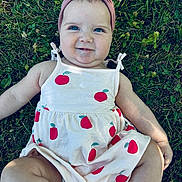 Leya participe au concours pour gagner de l'argent avec cette photo : baby, child, grass, headband, dress, apple_print, smile, blue_eyes, outdoor, greenery, clover, drool, cute, lying_down, summer, nature, skin, person, infant, playful