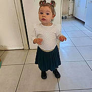 Anna a rejoint le concours — aidez-le/la à gagner de superbes lots ! toddler, child, girl, standing, indoor, kitchen, white_tiles, window, polka_dot_top, pleated_skirt, black_shoes, curly_hair, hair_ties, floor, cabinet, radiator, door, expression, pose, light