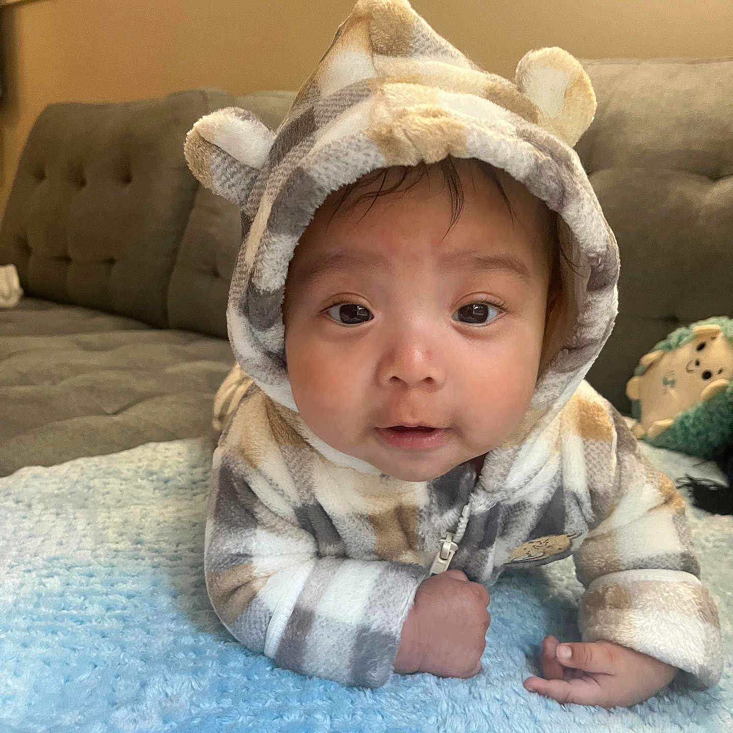 Yael is registered to the contest to win money with this photo: baby, child, hooded_clothing, plush_toy, blanket, couch, indoor, portrait, cute, soft_texture, face, eyes, hand, cozy, infant, clothing, expression, baby_boy, home, toddler