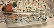 Yael is registered to the contest to win money with this photo: newborn, baby, hospital, bassinet, swaddled, pacifier, blanket, medical_tape, infant, sleeping, footprints, crib, healthcare, person, bed, furniture, indoors, cute, small, resting