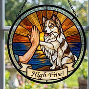 Trinity joined the competition — help win amazing prizes! animal, artwork, banner, blue_eyes, colorful, decor, dog, friendly, furry, glass, hand, hanging, high_five, illustration, nature_background, stained_glass, sun, sunset, water, window