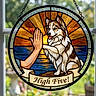 animal, artwork, banner, blue_eyes, colorful, decor, dog, friendly, furry, glass, hand, hanging, high_five, illustration, nature_background, stained_glass, sun, sunset, water, window