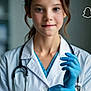 child, girl, doctor, medical_gloves, lab_coat, stethoscope, portrait, healthcare, medical, young, professional, blue_gloves, focused, indoors, person, smile, face, hands, health, medicine