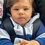 Kaïden a rejoint le concours — aidez-le/la à gagner de superbes lots ! toddler, child, blue_eyes, car_seat, hoodie, hands, straps, close_up, baby, seatbelt, casual_clothing, indoor, portrait, cute, young_child, infant, expression, curly_hair, sitting, serious_face