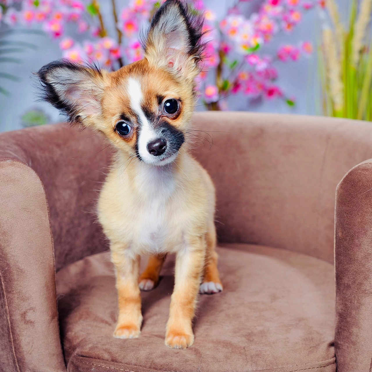 Milko participe au concours pour gagner de l'argent avec cette photo : puppy, dog, small_dog, brown_armchair, indoor, flowers, blurred_background, cute, head_tilt, perky_ears, expressive_eyes, furniture, plush, soft_texture, pet, animal, curious, colorful, spring, domestic