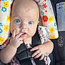 baby, blue_eyes, car_interior, car_safety, car_seat, child, clothing, cute, expression, fingers, floral_pattern, hand, headrest, infant, portrait, safety_harness, seat, seat_belt, straps, young_child