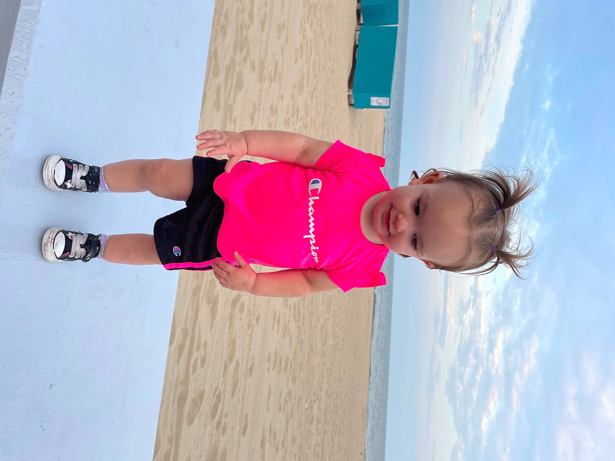 Adilynn joined the competition — help win amazing prizes! beach, child, cloud, electric_blue, fun, happy, human_leg, joy, knee, leisure, magenta, person, pink, recreation, sky, t_shirt, thigh, toddler, tree, waist