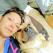 Hoss joined the competition — help win amazing prizes! woman, dog, selfie, couch, relaxed, indoor, casual, clothing, pet, face, head, brown_dog, portrait, companion, resting, blanket, plastic_bag, home, comfort, closeup