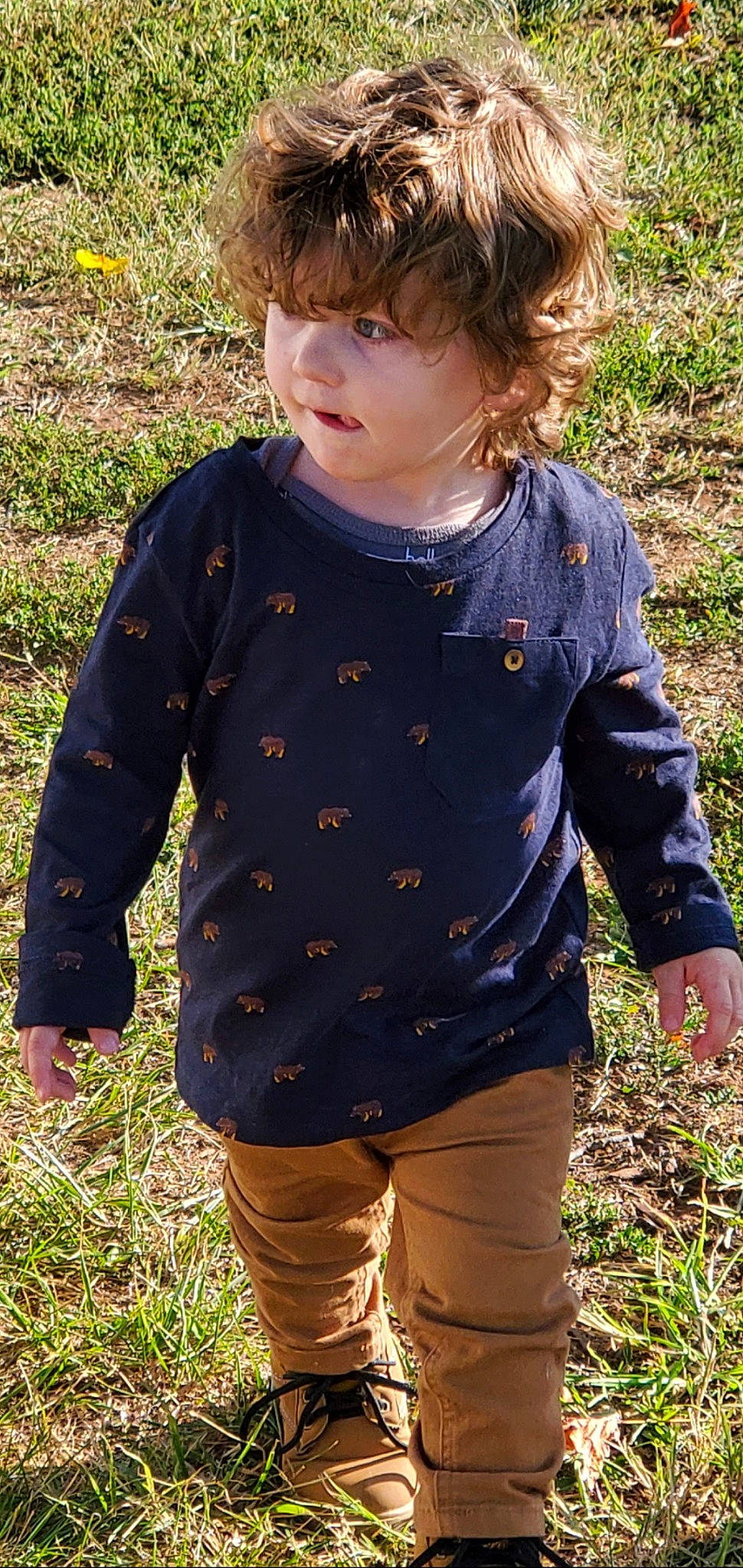 Gauge is registered to the contest to win money with this photo: child, clothing, denim, grass, jacket, outerwear, pattern, person, sleeve, t_shirt, toddler, top