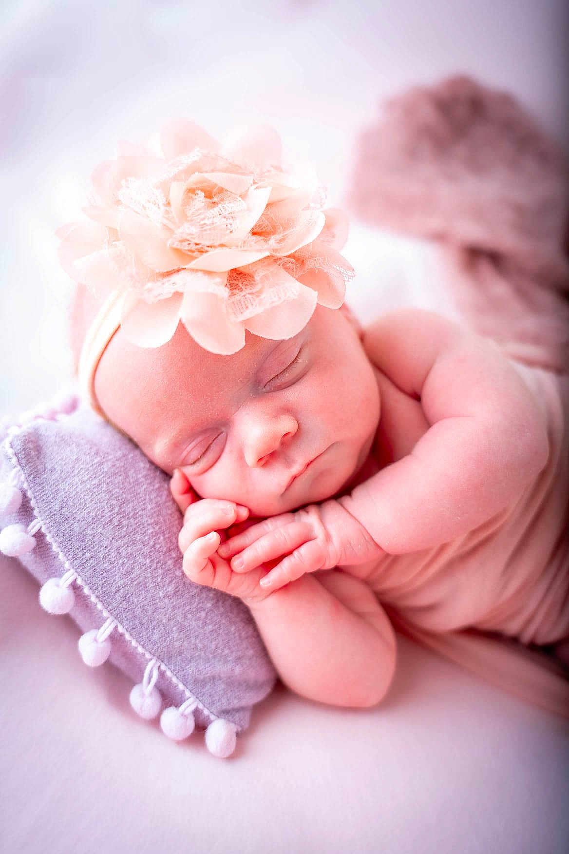 Tahïssa participe au concours pour gagner de l'argent avec cette photo : baby, newborn, sleeping, pillow, headband, flower, pink, cute, portrait, infant, hands, cozy, soft_texture, blanket, close_up, resting, skin, props, studio, peaceful