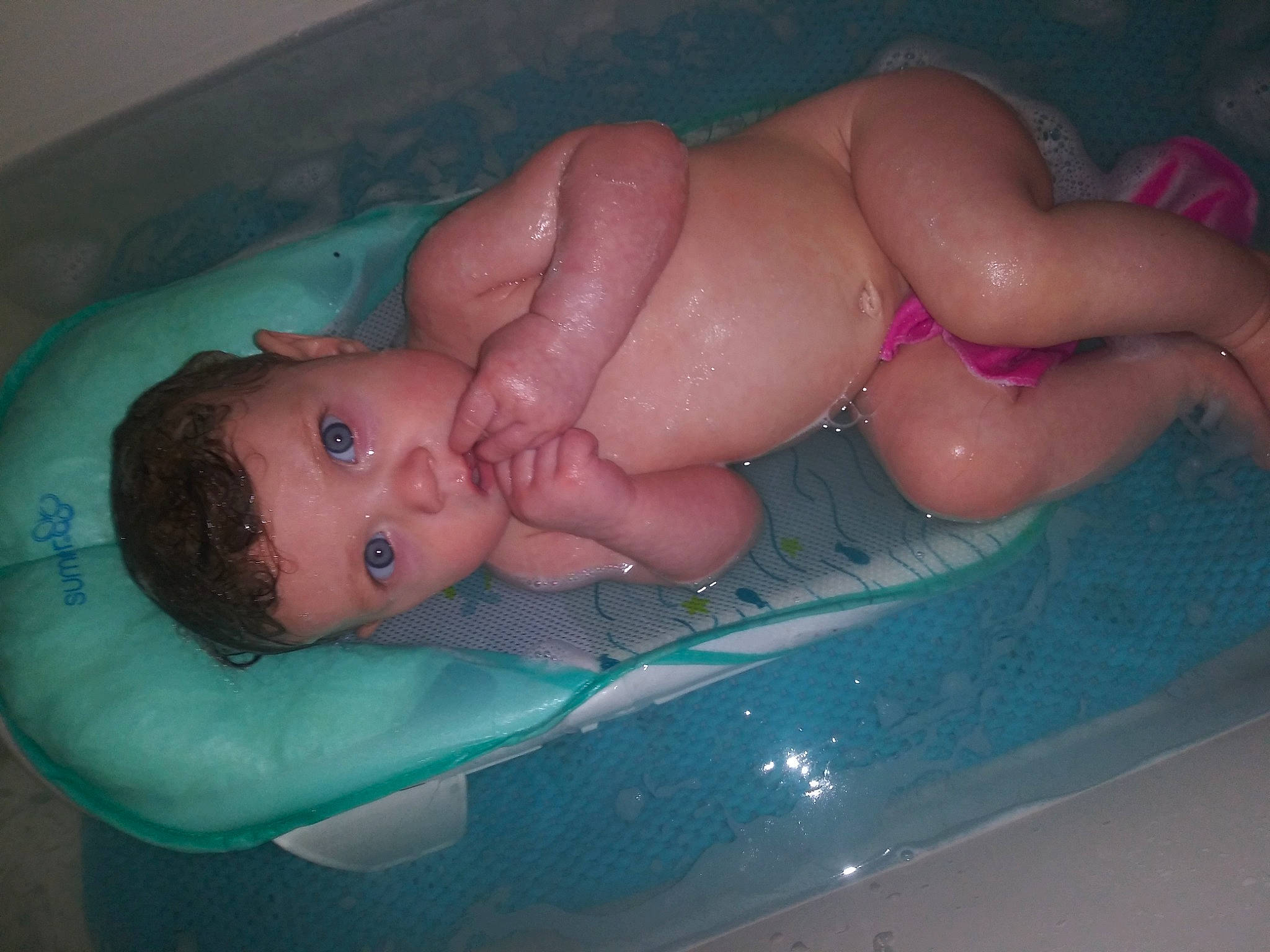 Armani joined the competition — help win amazing prizes! baby, baby_bathing, bathing, bathtub, cheek, chest, eye, eyebrow, face, fluid, fun, hair, head, human_body, leg, person, pink, skin, stomach, toddler