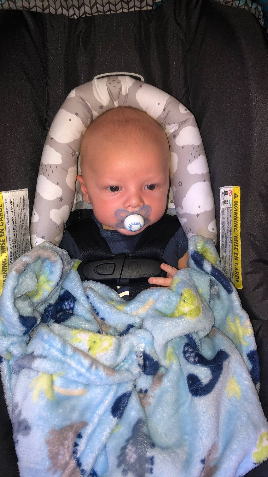 Brooks is registered to the contest to win money with this photo: baby, baby_carriage, baby_in_car_seat, baby_products, baby_toddler_clothing, car_seat, cheek, child, comfort, eye, eyebrow, face, head, iris, linens, person, personal_protective_equipment, product, seat_belt, skin