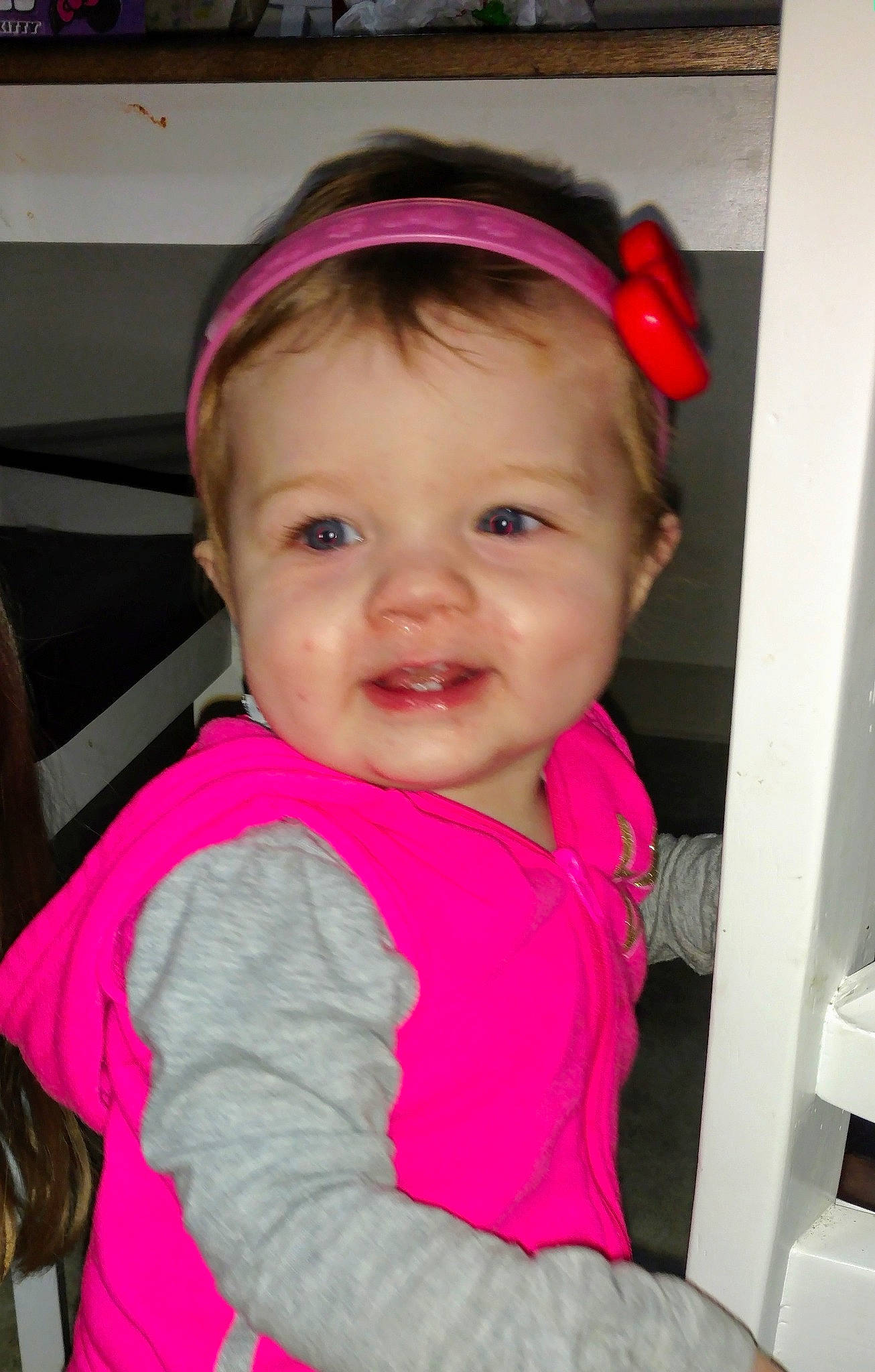 Raegan joined the competition — help win amazing prizes! baby, cheek, child, ear, eye, face, fashion_accessory, forehead, fun, hair_accessory, head, headband, headgear, lip, mouth, person, pink, skin, smile, toddler