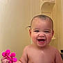 Amor joined the competition — help win amazing prizes! toddler, child, bathroom, bathtub, toy, pink_toy, wet_hair, smiling, happy, skin, bare_chest, water, curls, baby, cute, indoors, face, person, playful, fun