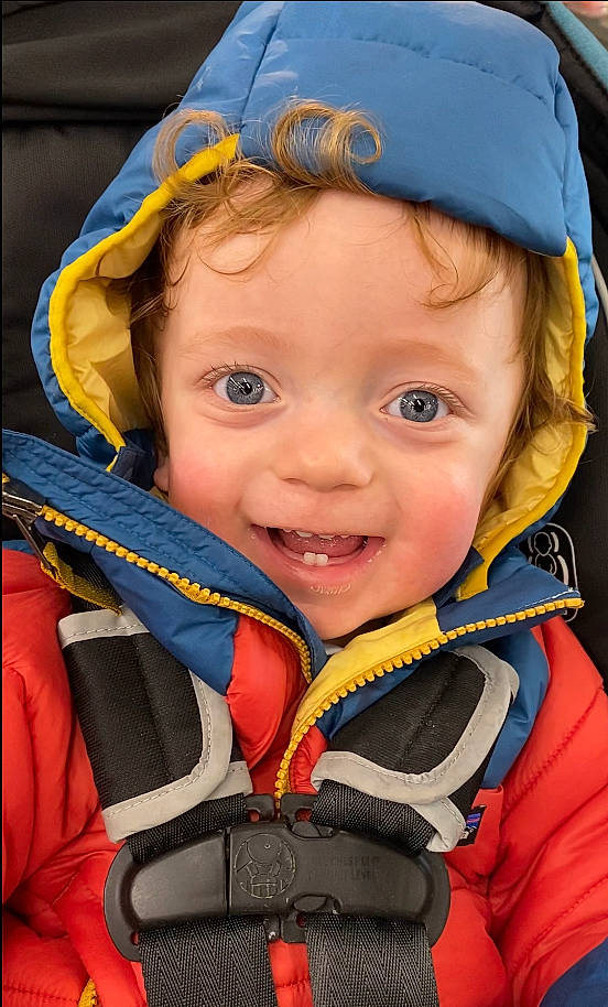 Grayson is registered to the contest to win money with this photo: baby, baby_carriage, blue, cap, cheek, child, chin, electric_blue, eyebrow, fun, happy, headwear, joy, organ, outerwear, person, personal_protective_equipment, photograph, skin, smile