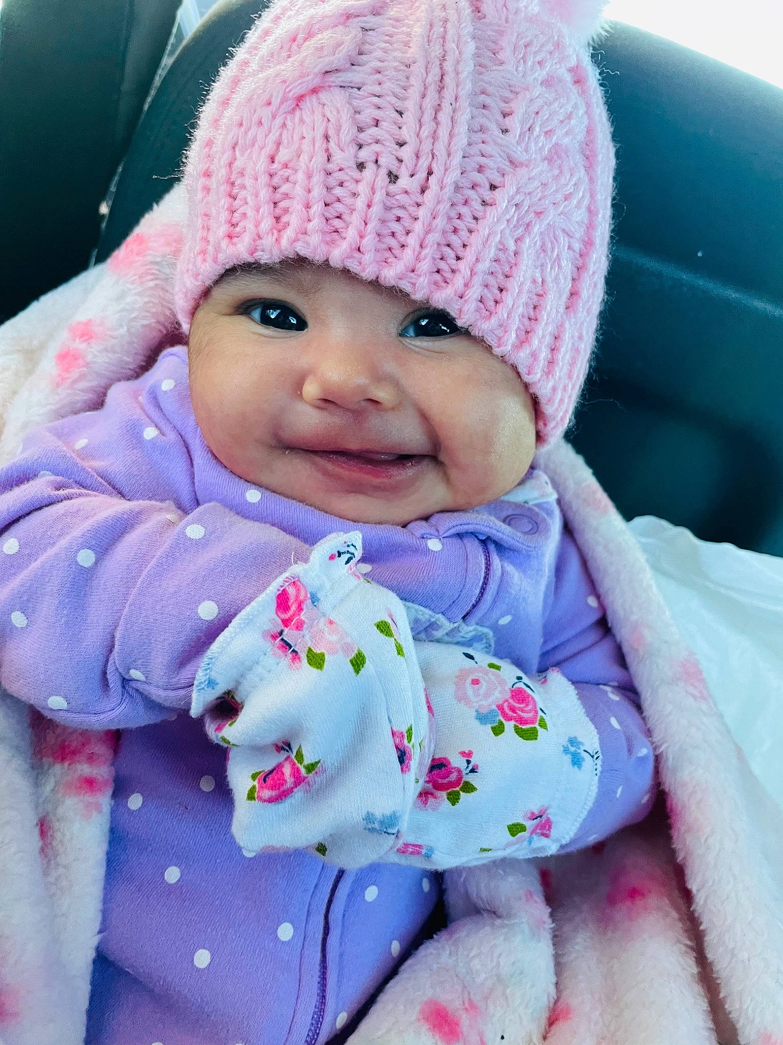 Aribella joined the competition — help win amazing prizes! baby, baby_products, baby_toddler_clothing, beanie, bonnet, cheek, child, creative_arts, headgear, headwear, hood, knit_cap, knitting, nose, person, pink, purple, textile, toddler, winter