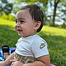 Zayden joined the competition — help win amazing prizes! toddler, child, baby, smiling, outdoor, park, portrait, close_up, face, person, sitting, nike_shirt, white_shirt, short_hair, happy, picnic_blanket, grass, trees, sunlight, family
