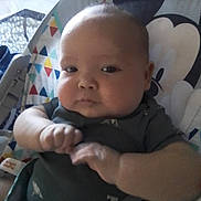 Braik is registered to the contest to win money with this photo: baby, infant, child, face, chubby_cheeks, hands, arms, onesie, baby_seat, patterned_fabric, triangle_pattern, buckle, strap, indoor, closeup, portrait, window_light, neutral_expression, person, adorable