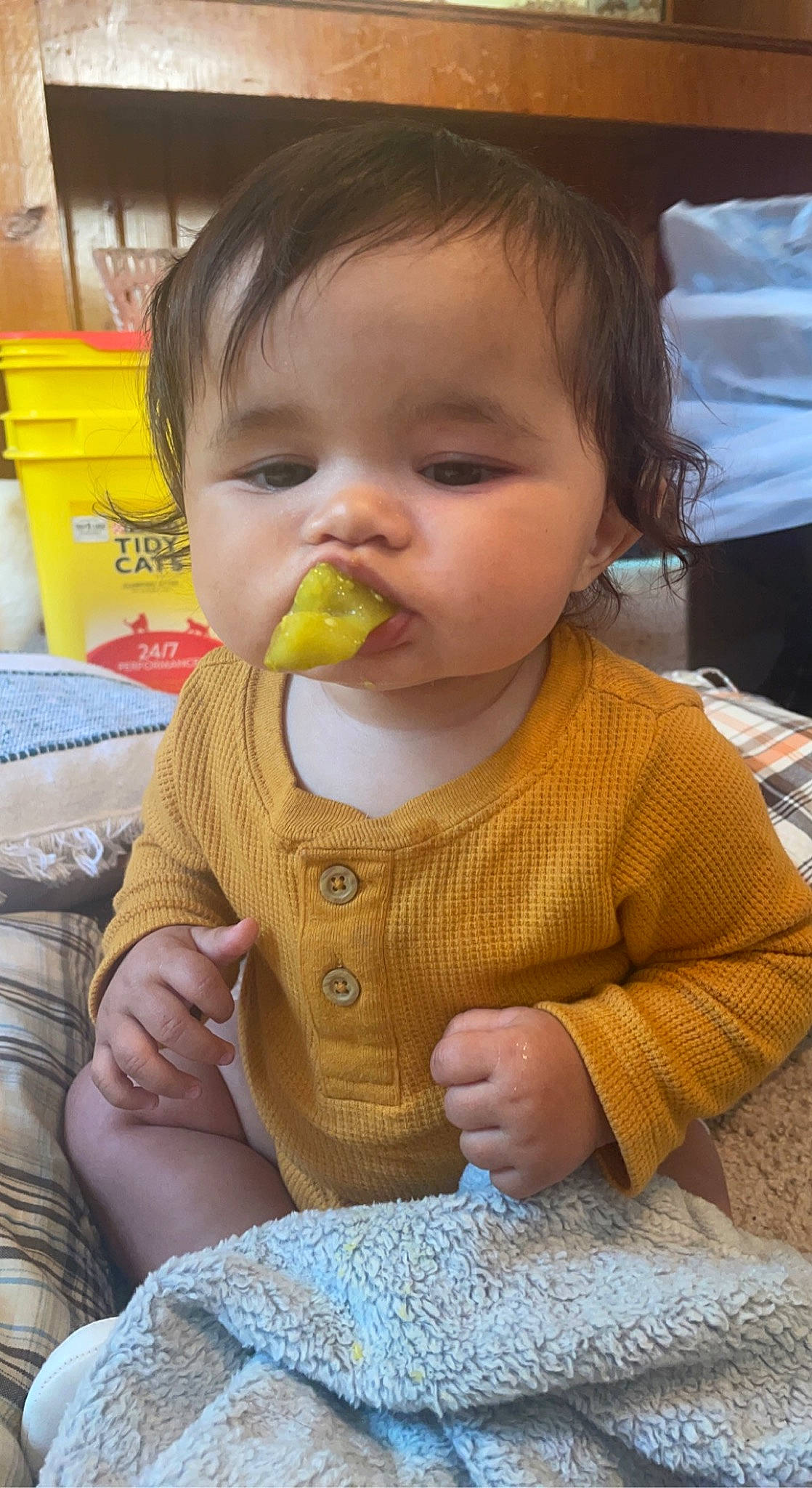 Huxley is registered to the contest to win money with this photo: baby, baby_toddler_clothing, biting, cheek, child, face, facial_expression, finger, flooring, fun, happy, iris, lip, mouth, nose, pattern, person, sitting, skin, sleeve