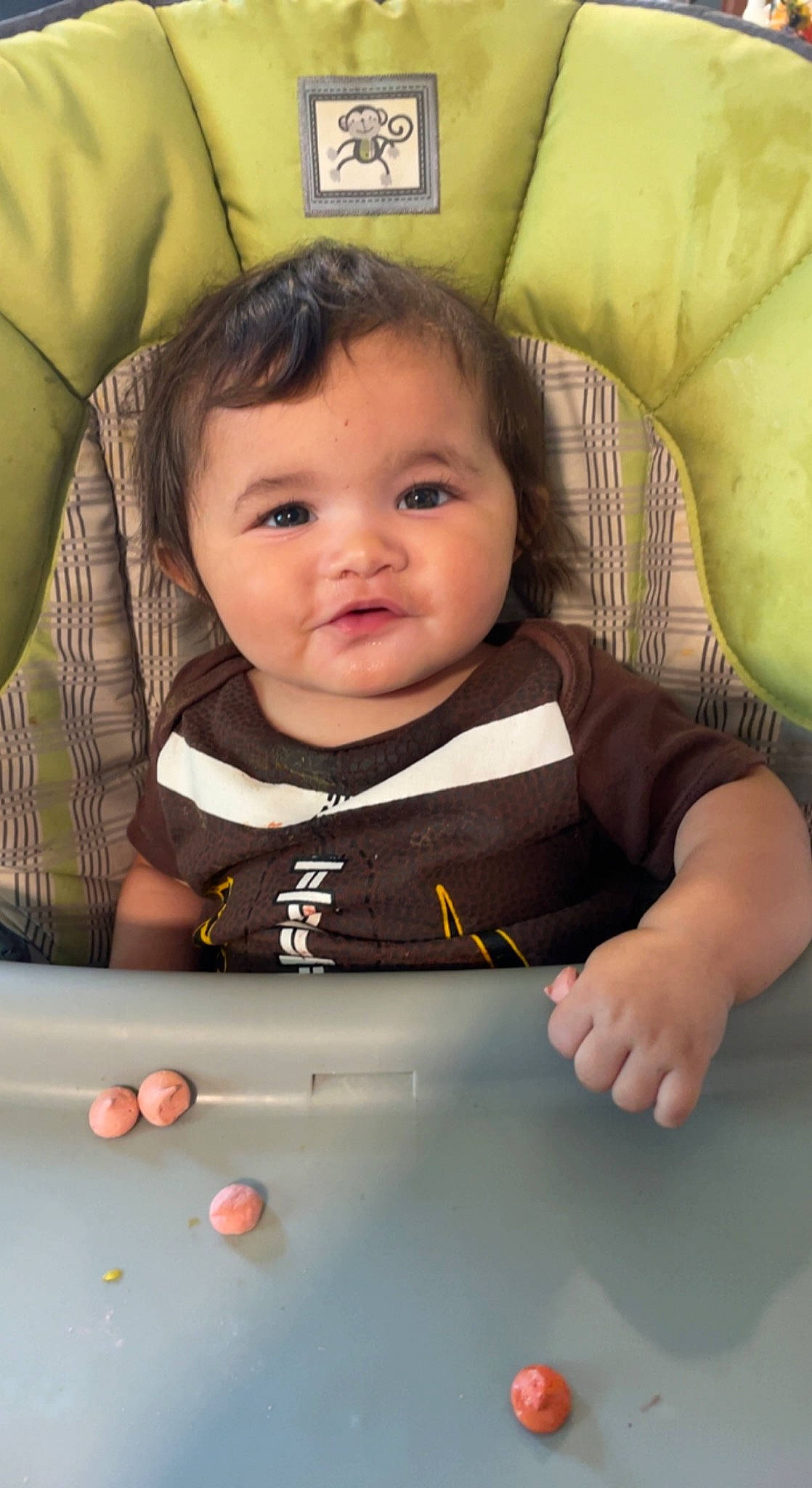 Huxley is registered to the contest to win money with this photo: baby, baby_toddler_clothing, baize, billiards, cheek, chin, comfort, eyebrow, facial_expression, finger, hairstyle, head, iris, mouth, nose, person, skin, table, toddler, white