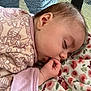 baby, sleeping, blanket, floral, onesie, hand, face, closeup, peaceful, infant, child, cozy, soft, cute, rest, portrait, indoors, skin, eyelashes, hair
