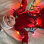 baby, child, christmas_lights, red_onesie, white_hat, blanket, indoor, holiday, festive, toddler, cute, face, smiling, lying_down, cozy, celebration, colorful_lights, person, infant, warm
