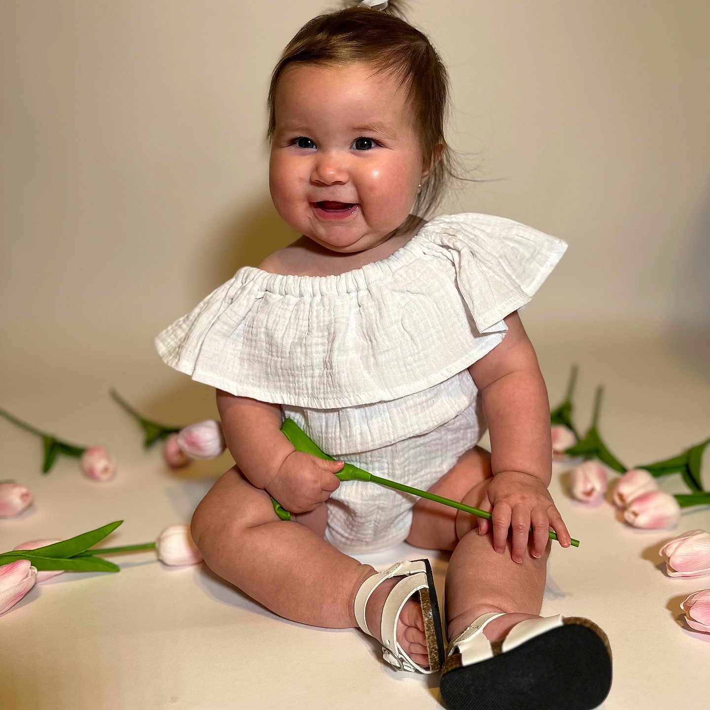 Pallas joined the competition — help win amazing prizes! baby, babylaughing, bodypart, clothing, dress, face, finger, flower, footwear, hand, happy, head, person, photography, plant, portrait, sandal, shoe, sitting, smile