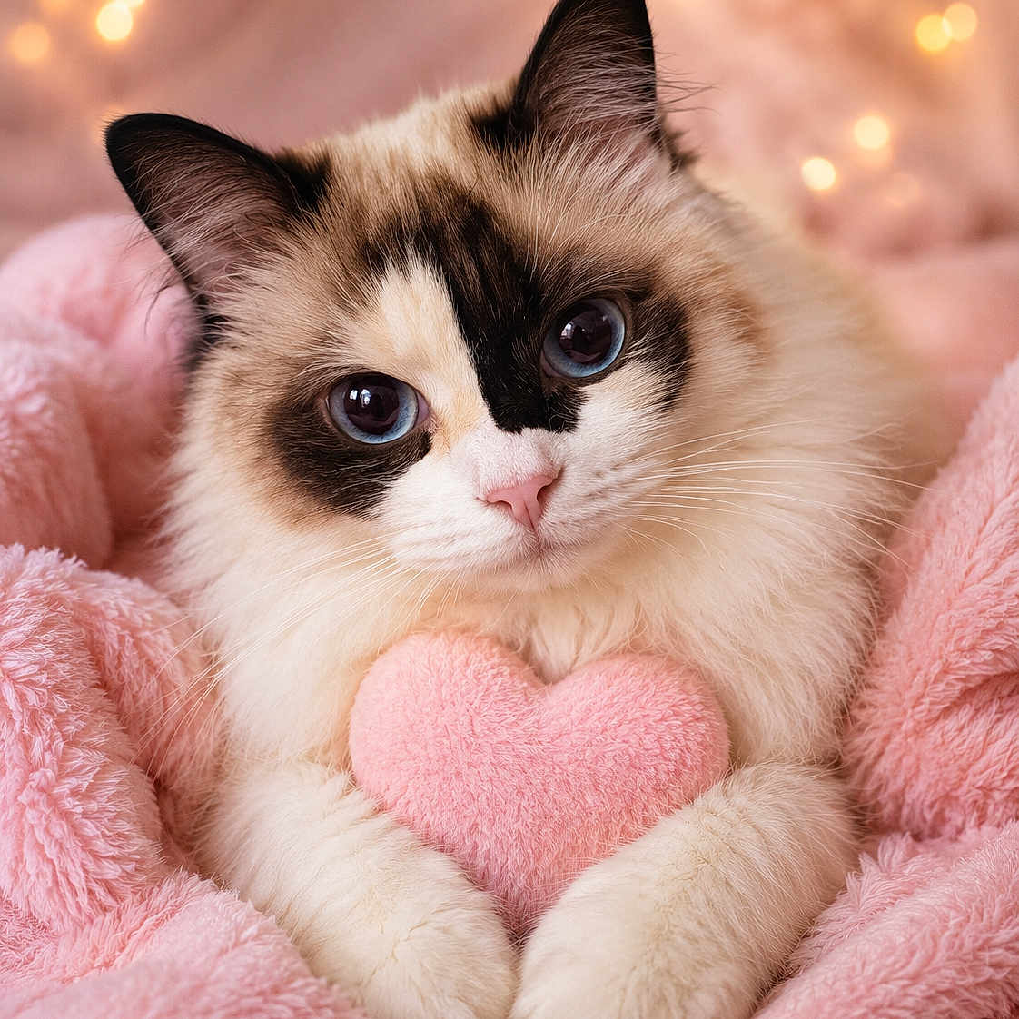 Shasta is registered to the contest to win money with this photo: cat, fluffy, blue_eyes, pink, heart_shaped_pillow, blanket, cozy, cute, pet, animal, domestic_cat, portrait, soft_texture, warm_lighting, bokeh, indoor, feline, close_up, resting, adorable