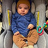 Elias is registered to the contest to win money with this photo: baby, blue_hoodie, car_accessory, car_seat, child, cozy_clothing, cute, fabric_texture, footwear, indoor, infant, mustard_beanie, person, portrait, quilted_pants, seatbelt, serious_expression, small_hands, socks, toy_rings